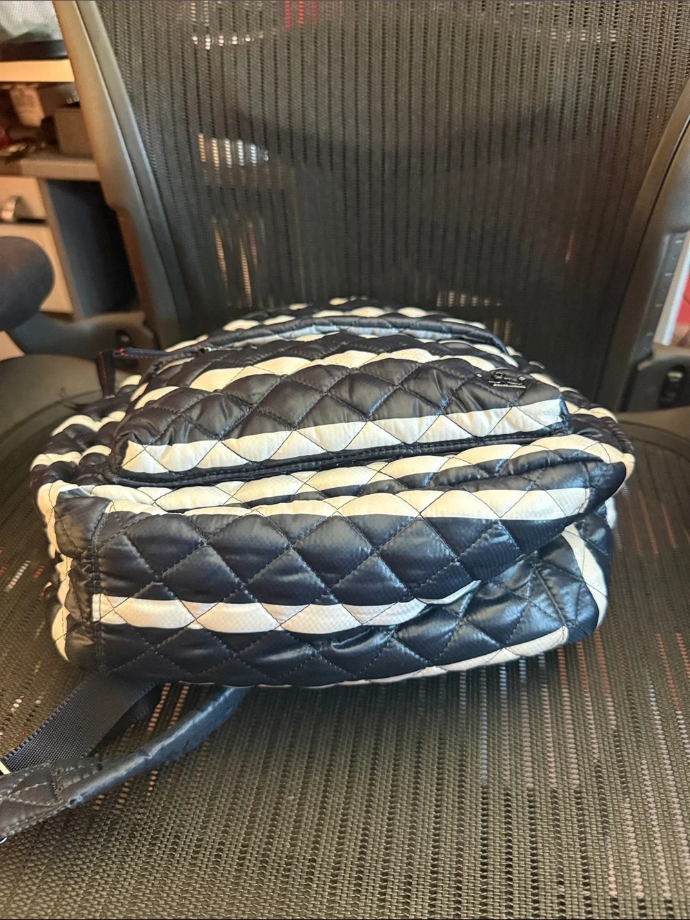 ⁠OLIVER THOMAS Quilted Backpack Black White Stripe Red Lining Washable